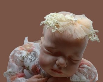 Pearl Beige Baby Headband, Newborn Peach Headband, Newborn Tie Back Headband, Beige Infant Headband, Photography Props Newborn
