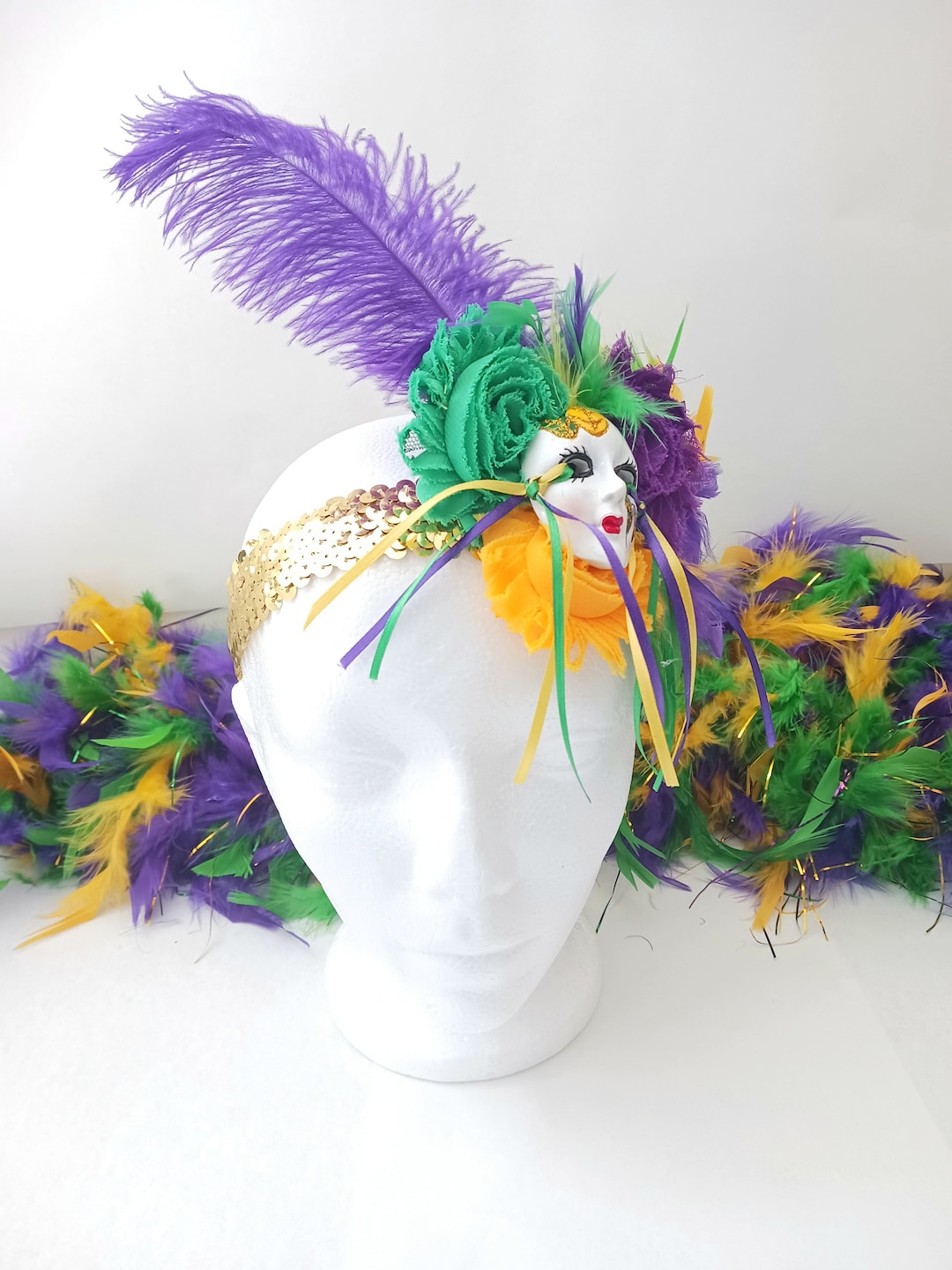 Mardi Gras Majesty Beaded Loop Fascinator Mardi Gras Light-Up Feather Fascinator Headband Festive LED  main image 2