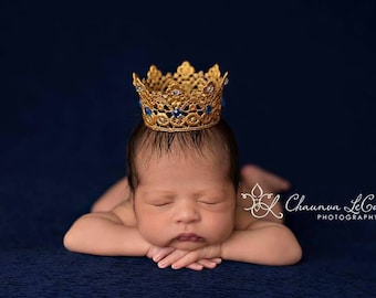 Livraison gratuite saphir royal doré, couronne nouveau-né garçon, accessoire de photographie royal, couronne pour bébé, couronne de nouveau-né en or bleu, couronnes de nouveau-né