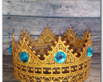 Tudor Golden Lace Crown ~ Majestic Lace Crown Whimsical Lace Crown Camelot Lace Crown Newborn Turquoise Gold Crown Royal Infant Crown