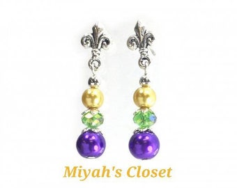 Mardi Gras Pearl Earrings Mardi Gras Accessories Mardi Gras Ball Mardi Gras Pearl Earring Fleur de lis Earrings Nola Earrings