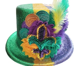 Fleur de lis Mardi Gras Hat Mardi Gras Top Hat Sequin Mardi Gras Feather Hat Men Mardi Gras Hat Grand Marshall New Orleans Fast Shippng