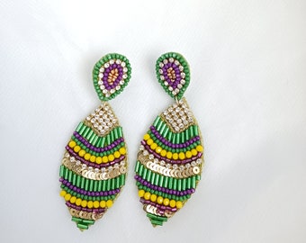 Mardi Gras Seed Bead Earrings | NOLA Earrings | New Orleans Earrings | Fleur De Lis | NOLA | Mardi Gras Attire | Dangle Earrings