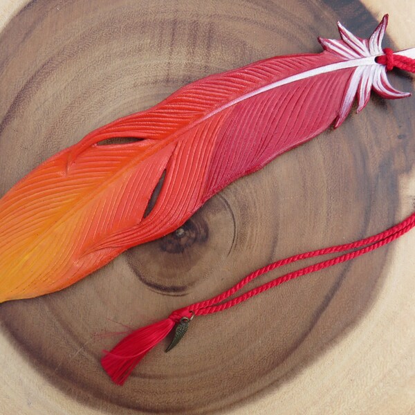 BOOKMARK Leather Phoenix Feather with silk tassel and charm - Fantasy Mythical Fire Bird
