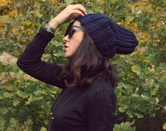 FREE SHIPPING! Navy blue wool handknitted beanie. Hand knit navy blue beanie. hand knit autumn hat