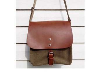 FREE SHIPPING! Vintage canvas khaki and geniune leather brown shoulder bag