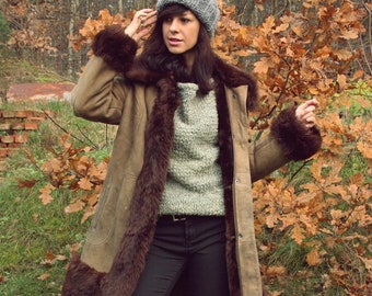 Vintage brown real leather coat winter autumn