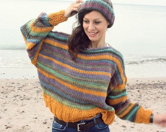 FREE SHIPPING!! Handmade handknitted cozy wool Oversize colorful sweater pullover Knit Wear