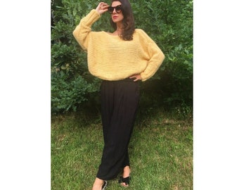 Yellow handmade hand knit mohair oversize sweater