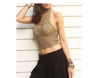 Handmade hand knit crochet olive boho top