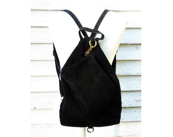 Black Suede Leather Backpack | Minimalist Bucket Backpack | Handmade Style | Vintage