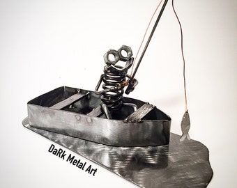 Scrap Metal Fisherman Sculpture: Repurposed Metal Art