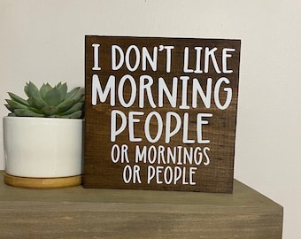 May include: A wooden sign with the text "I DON'T LIKE MORNING PEOPLE OR MORNINGS OR PEOPLE" in white lettering. A small succulent plant in a white pot sits to the left of the sign.