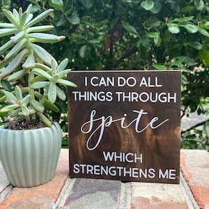 I can do all things through spite which strengthens me - humor inspirational sign - funny farmhouse wood sign - office decor