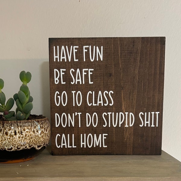 Dorm rules decor -have fun be safe go to class - don’t do stupid shit call home - graduation gift - funny graduate sign -college quote