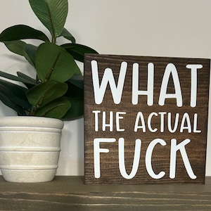 May include: A wooden sign with the phrase "WHAT THE ACTUAL FUCK" in white lettering. The sign is dark brown and sits on a wooden shelf next to a potted plant with green leaves.