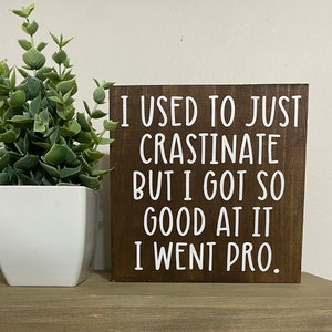 Procrastination sign - I used to just crastinate but I got so good at it I went pro - funny desk quotes - office humor decor