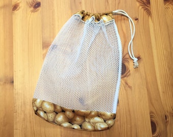 Reusable Produce Bags, Mesh & 100% Cotton, Drawstring Grocery bags for Vegetable and Fruit, Market shopping bags, Eco friendly, Zero waste.