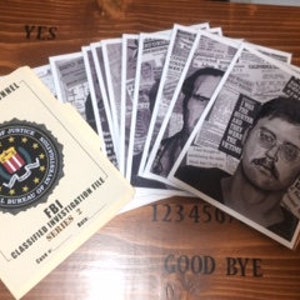 May include: A folder labeled "FBI Classified Investigation File" with the text "RIZED PERSONNEL ONLY" and "YES" on the front. The folder is open and contains a stack of papers with a black and white photo of a man with a mustache and glasses. The papers have the text "123456" and "GOOD BYE" on them.