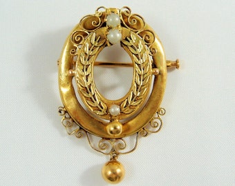 Late Victorian stamped 18K solid gold medallion brooch Genuine 1890s antique gold pin Fine jewellery