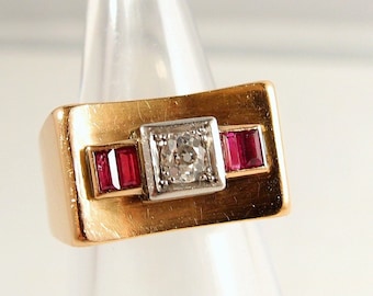 REDUCED ! Solid 18K gold and platinum Deco "tank" ring Stamped old European cut diamond and red paste Fine gold jewelry