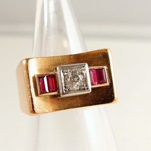 REDUCED ! Solid 18K gold and platinum Deco "tank" ring Stamped old European cut diamond and red paste Fine gold jewelry