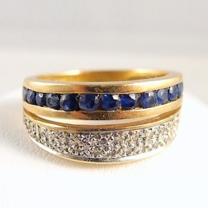 Vintage French 18K Solid Gold Sapphire & Diamond Double Band Ring Retro Period
