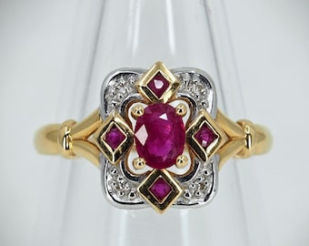 Estate 18K solid gold bicolor ring with natural rubies and diamonds Fine gold jewelry Hallmarked 18 carat