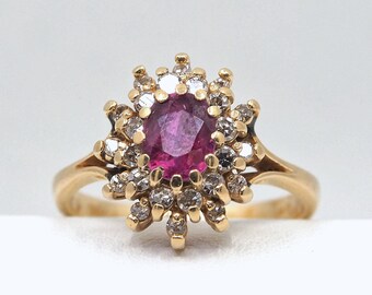 Double halo ring in 14K solid gold Natural ruby and diamonds Stamped fine gold jewelry