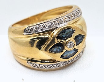 Outstanding 18K solid gold ring with natural sapphires and earth mined diamonds Stamped Art Deco estate fine gold jewelry