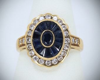 Splendid 18K solid gold ring with sapphires and diamonds Art Deco fine gold statement ring Hallmarked
