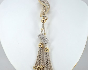 Impressive Massive 18K solid gold bicolor tassel necklace Versatile fancy long Italian signed chain Hallmark fine gold retro jewelry