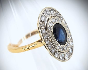 Splendid Art Deco 18K solid gold ring with natural sapphire and earth mined diamonds Hallmarked