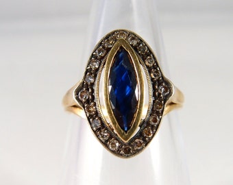 Splendid Victorian era marquise ring in gold and silver with navette sapphire and diamonds French stamped 18K solid gold Fine jewelry