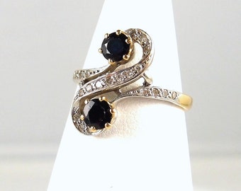 Sapphire and diamond Art Nouveau crossover 18K solid gold Stamped fine gold jewelry Toi et Moi ring Bridal jewelry