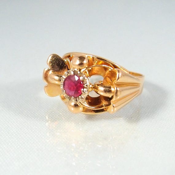 Art Deco 18K Solid Gold Ruby Ring, Stamped French… - image 6