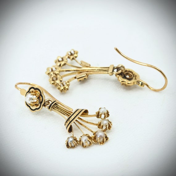 Chandelier 18K solid gold earrings with pearls an… - image 10