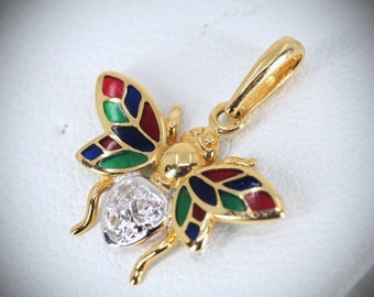 Adorable  18K solid gold bee pendant with natural diamonds and enamel Vintage hallmarked fine gold jewelry