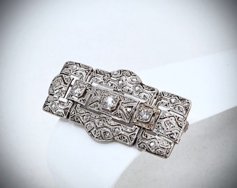 Rare genuine platinum and silver Art Déco brooch, 1.12carats old European cut and rose cut diamonds and filigree pin, hallmarked