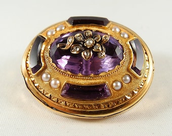 REDUCED! Rare Georgian large antique brooch in 18K solid gold Natural amethysts and pearls Stamped outstanding museum quality wearable pin