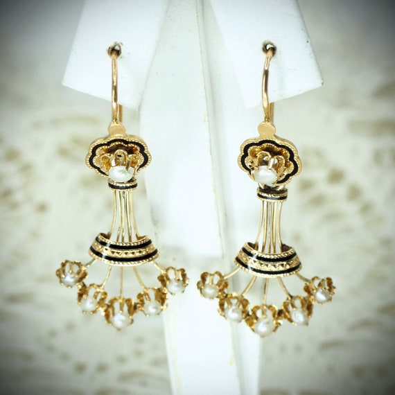 Chandelier 18K solid gold earrings with pearls an… - image 7