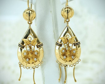 Estate 18K solid gold drop earrings Genuine Edwardian floral, seed pearls and black enamel design Fully hallmarked