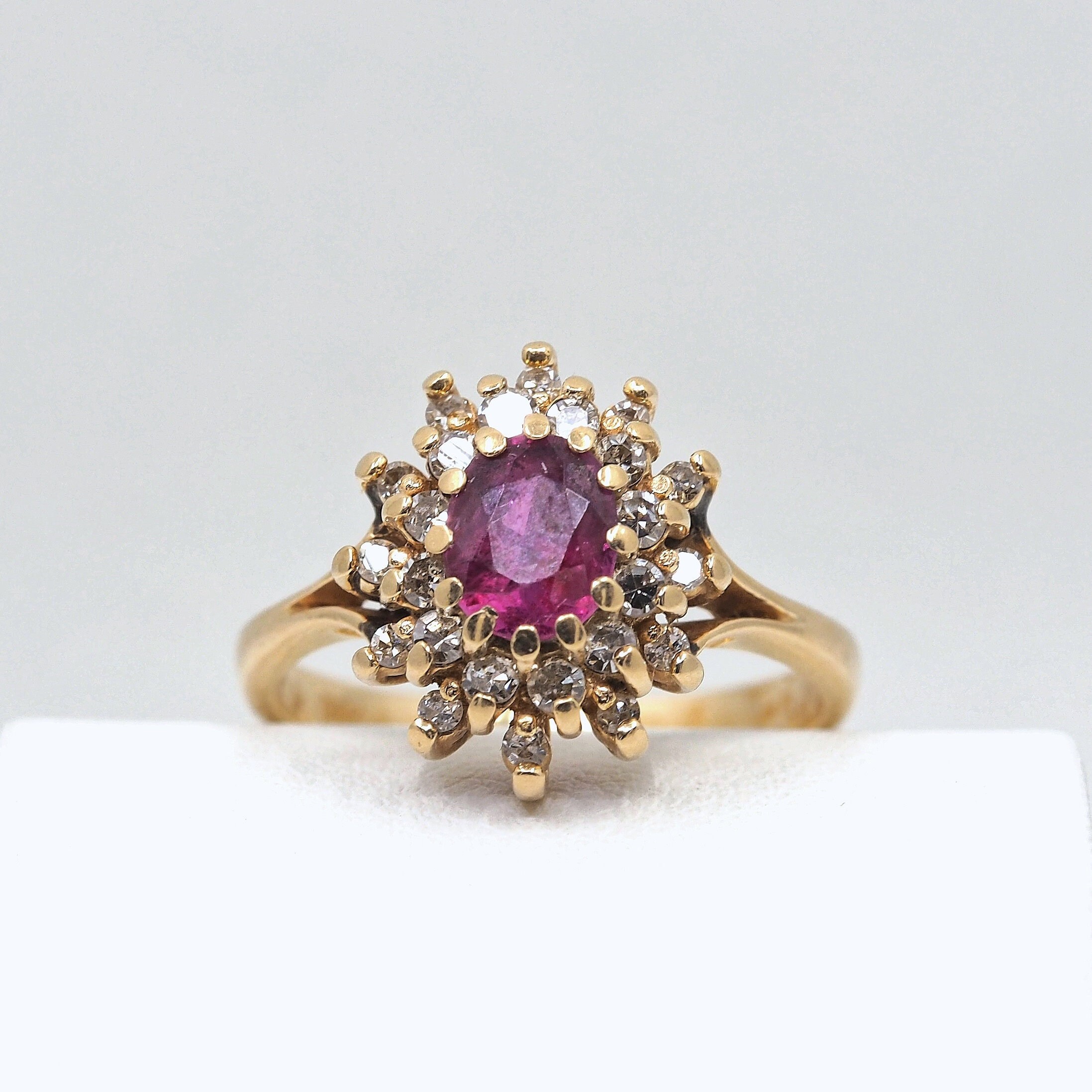 Double halo ring in 14K solid gold Natural ruby and diamonds Stamped fine gold jewelry