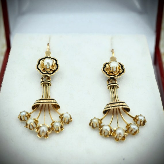 Chandelier 18K solid gold earrings with pearls an… - image 8
