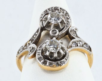 Dual diamond ring in platinum and 18K solid gold Natural gemstones Stamped genuine Art Nouveau Toi et Moi fine jewelry