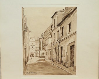 Original watercolor street scene by Jeanne Marie BARBEY Signed twentieth century French artist