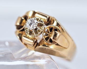 Stunning Tank ring Stamped 18K solid gold Old European cut diamond Cathedral set Fine retro gold jewelry