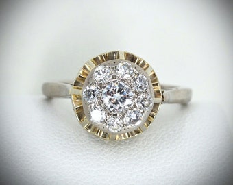 Diamond ring in 18K solid gold, French stamped bicolor gold jewelry, engagement, bridal gold and cluster diamond