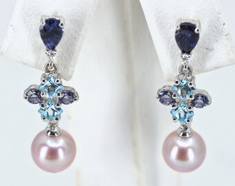 Splendid 18K solid white gold drops with natural rose pearls and natural sapphires Fine gold earrings Estate jewelry