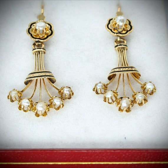 Chandelier 18K solid gold earrings with pearls an… - image 2